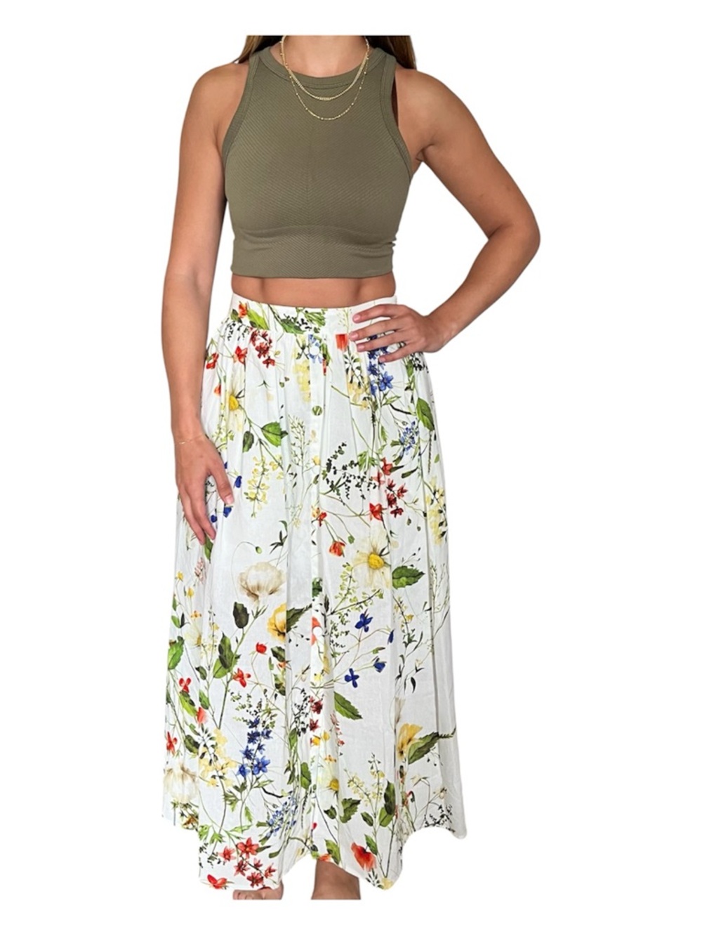 Vici White Floral Button-Front Midi Skirt with Multicolor Blossoms